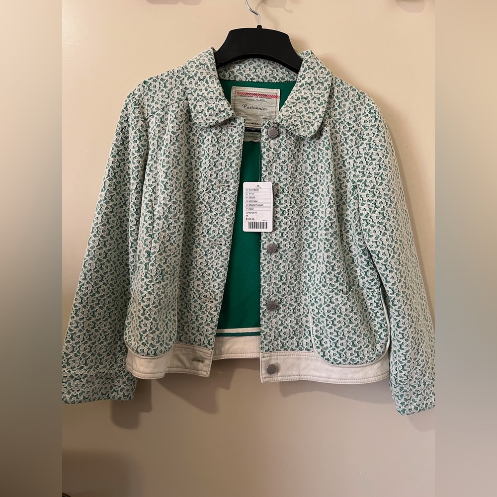 From Anthropologie Cartonnier green jacket with cream lace overlay NWT